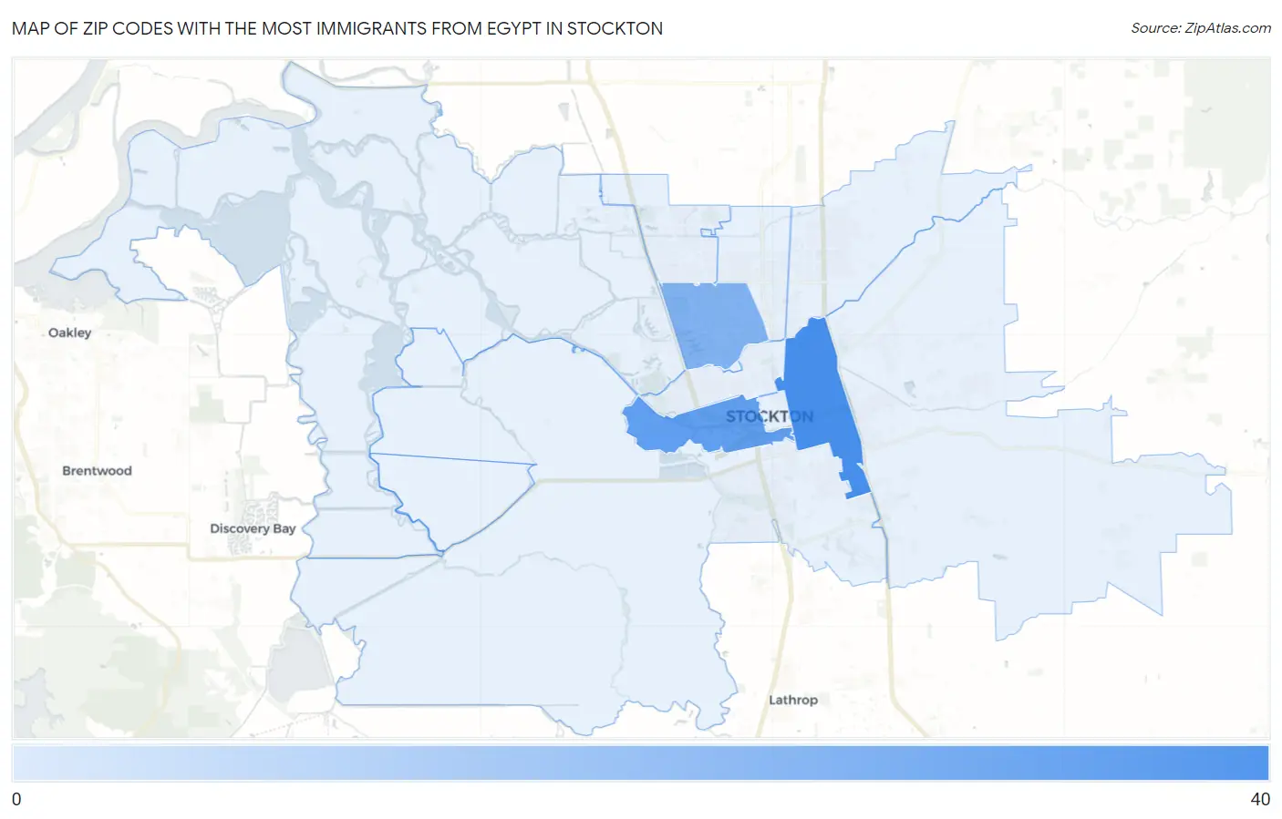 Zip Codes with the Most Immigrants from Egypt in Stockton Map