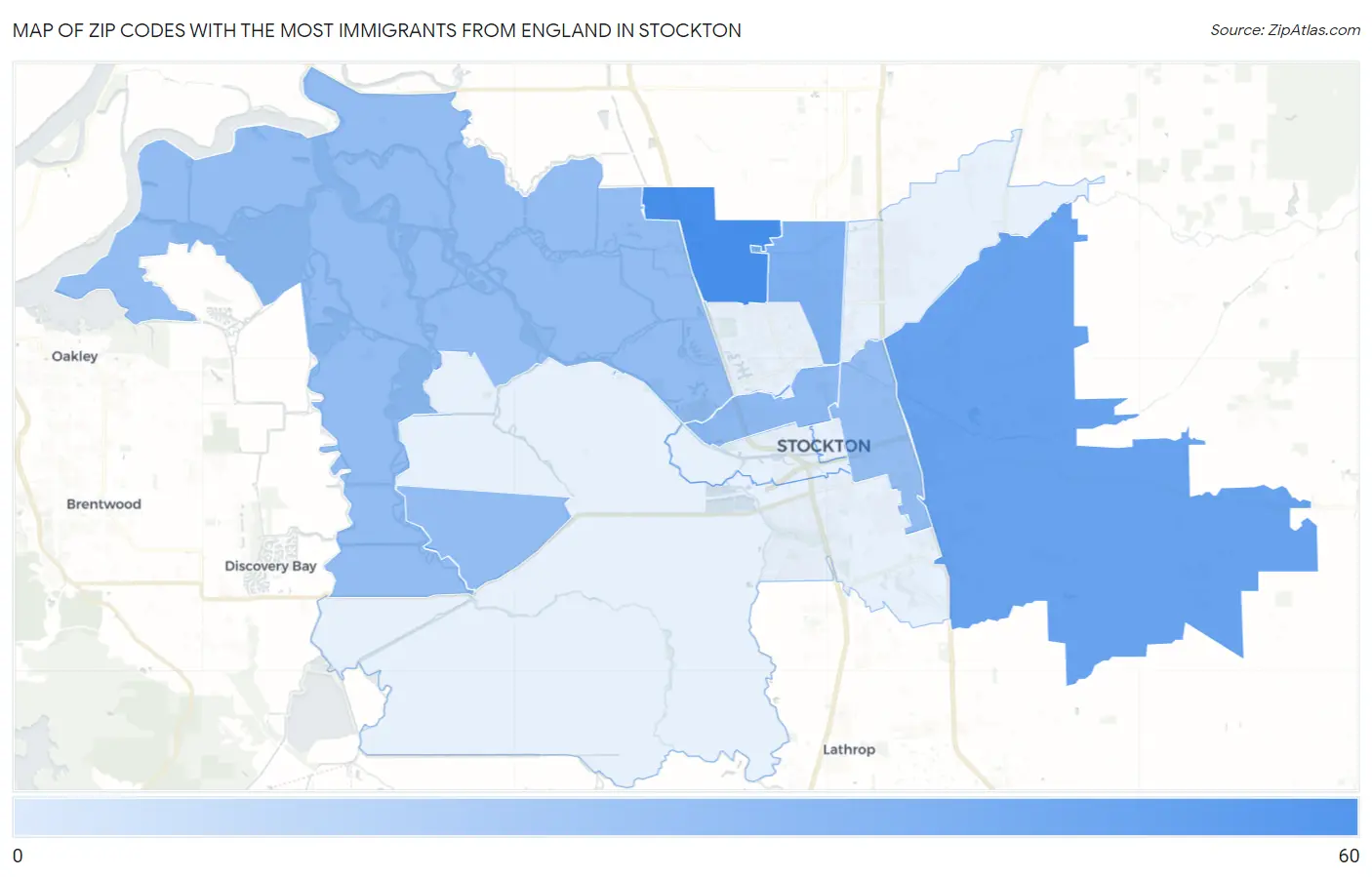 Zip Codes with the Most Immigrants from England in Stockton Map