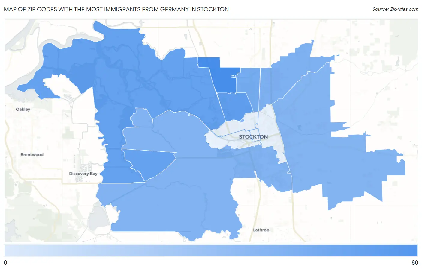 Zip Codes with the Most Immigrants from Germany in Stockton Map