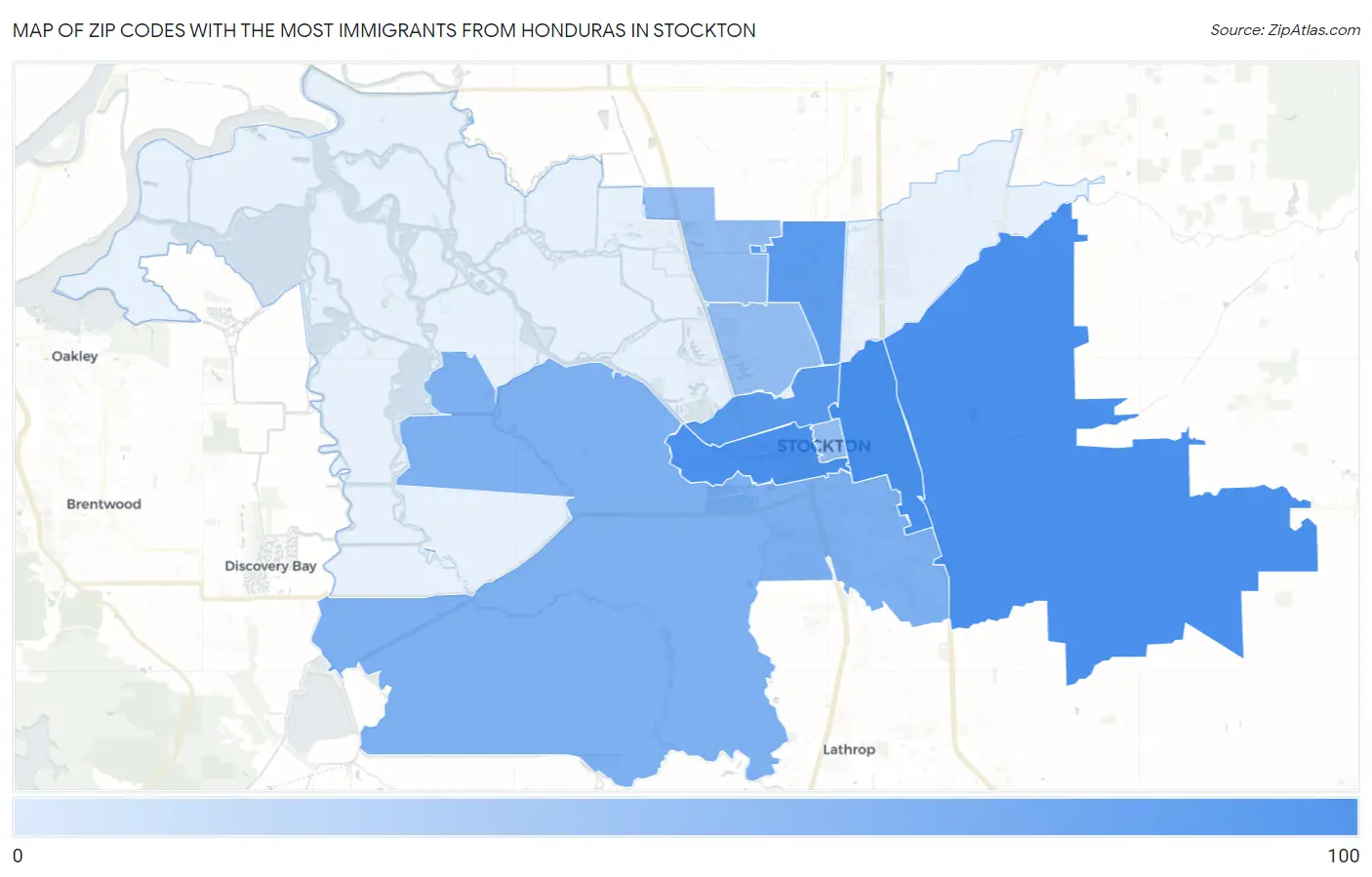 Zip Codes with the Most Immigrants from Honduras in Stockton Map