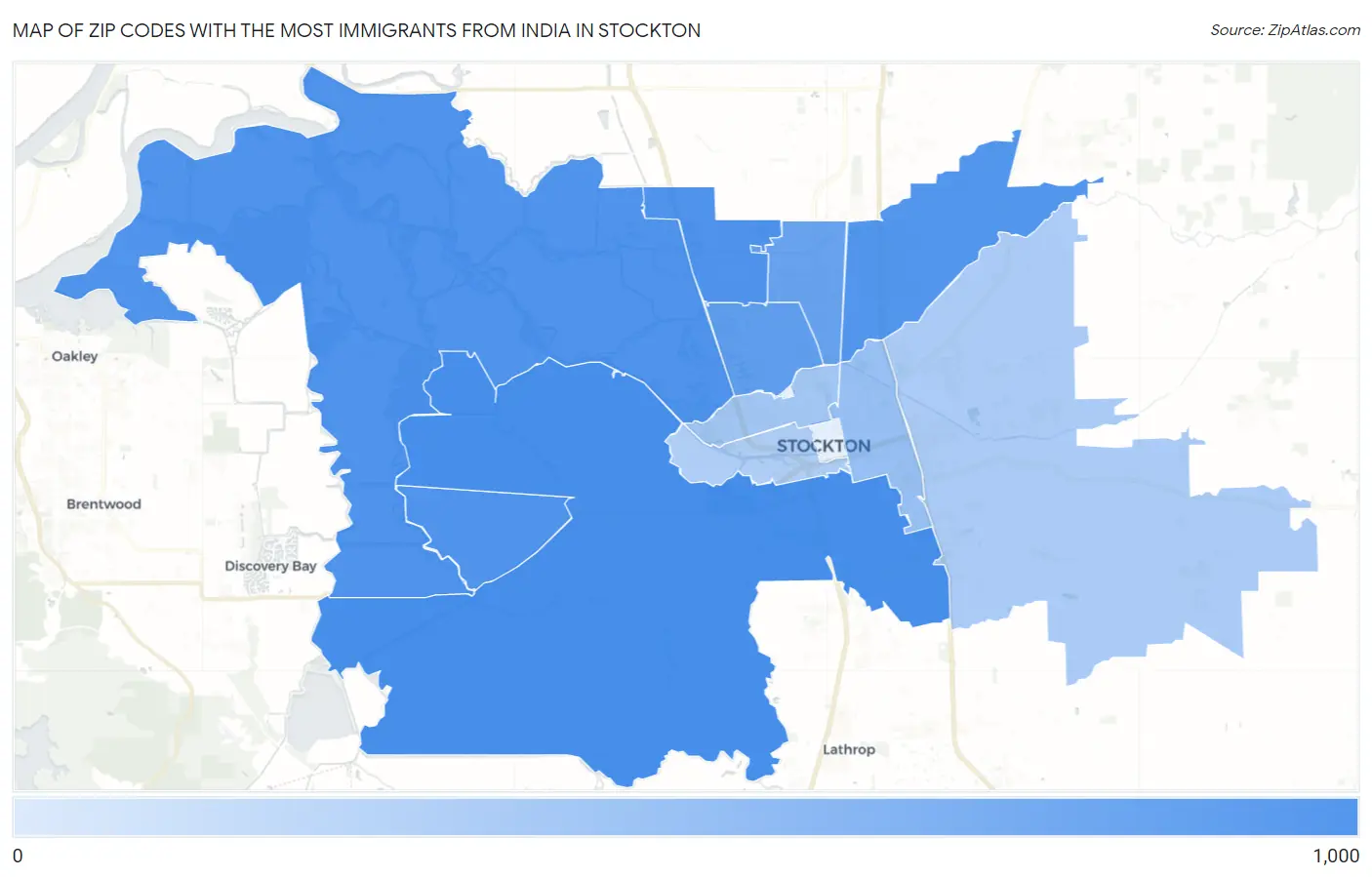 Zip Codes with the Most Immigrants from India in Stockton Map