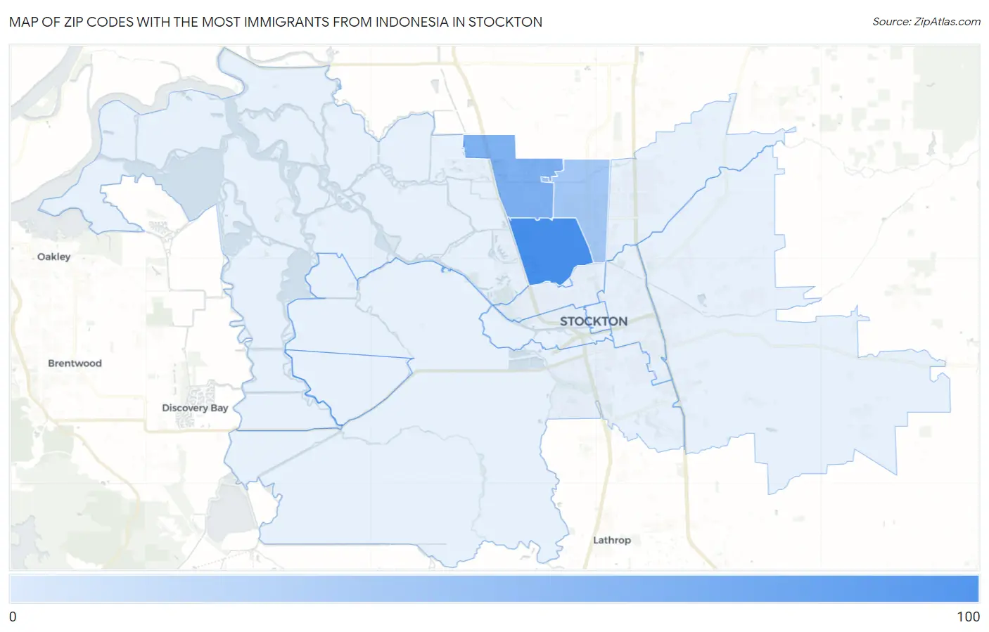 Zip Codes with the Most Immigrants from Indonesia in Stockton Map