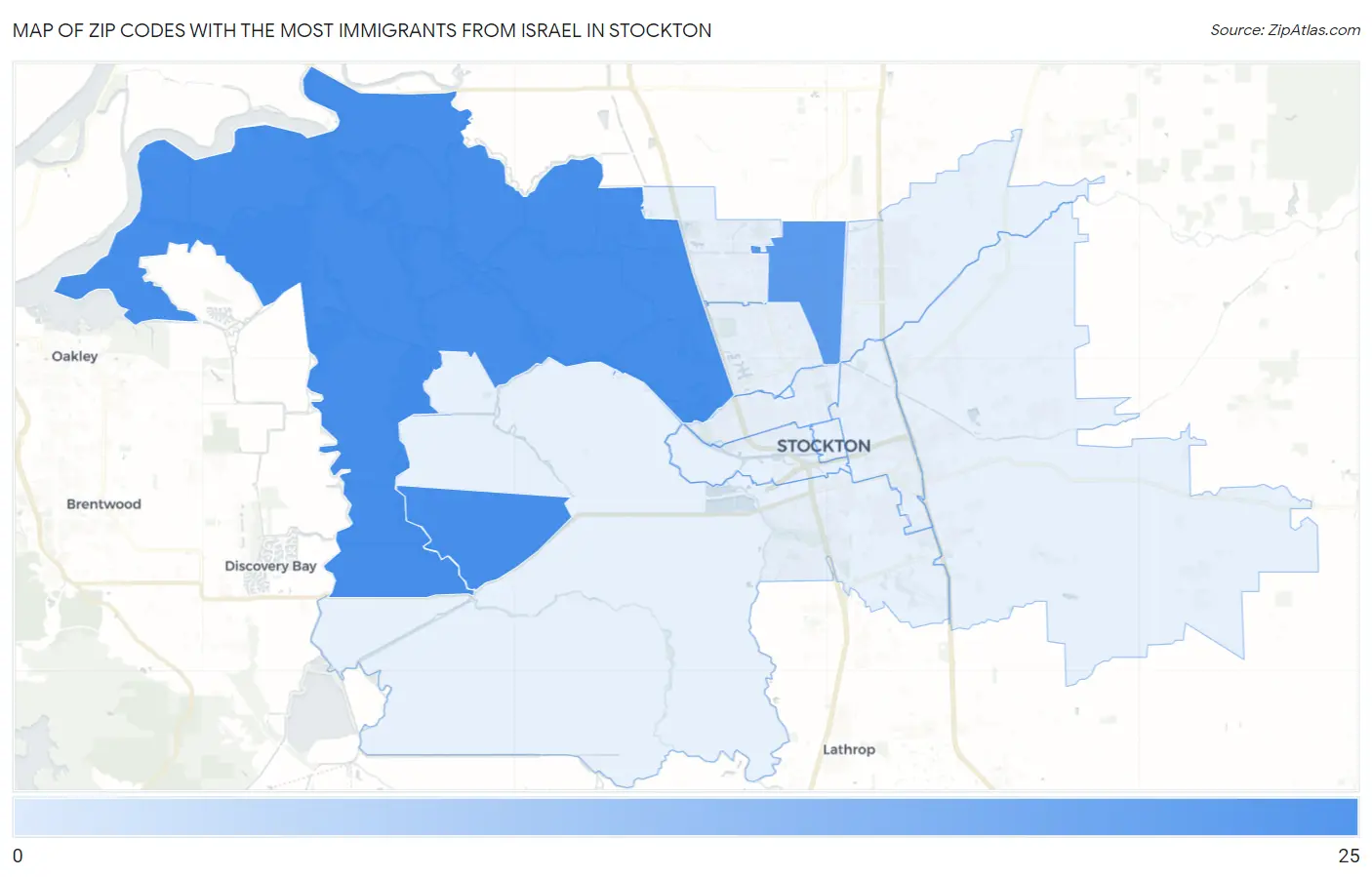 Zip Codes with the Most Immigrants from Israel in Stockton Map