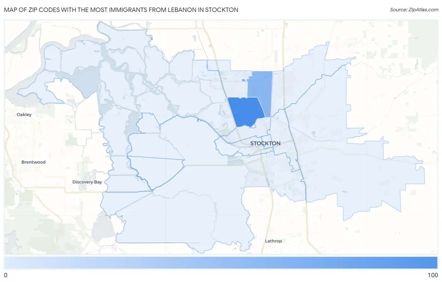 Zip Codes with the Most Immigrants from Lebanon in Stockton Map