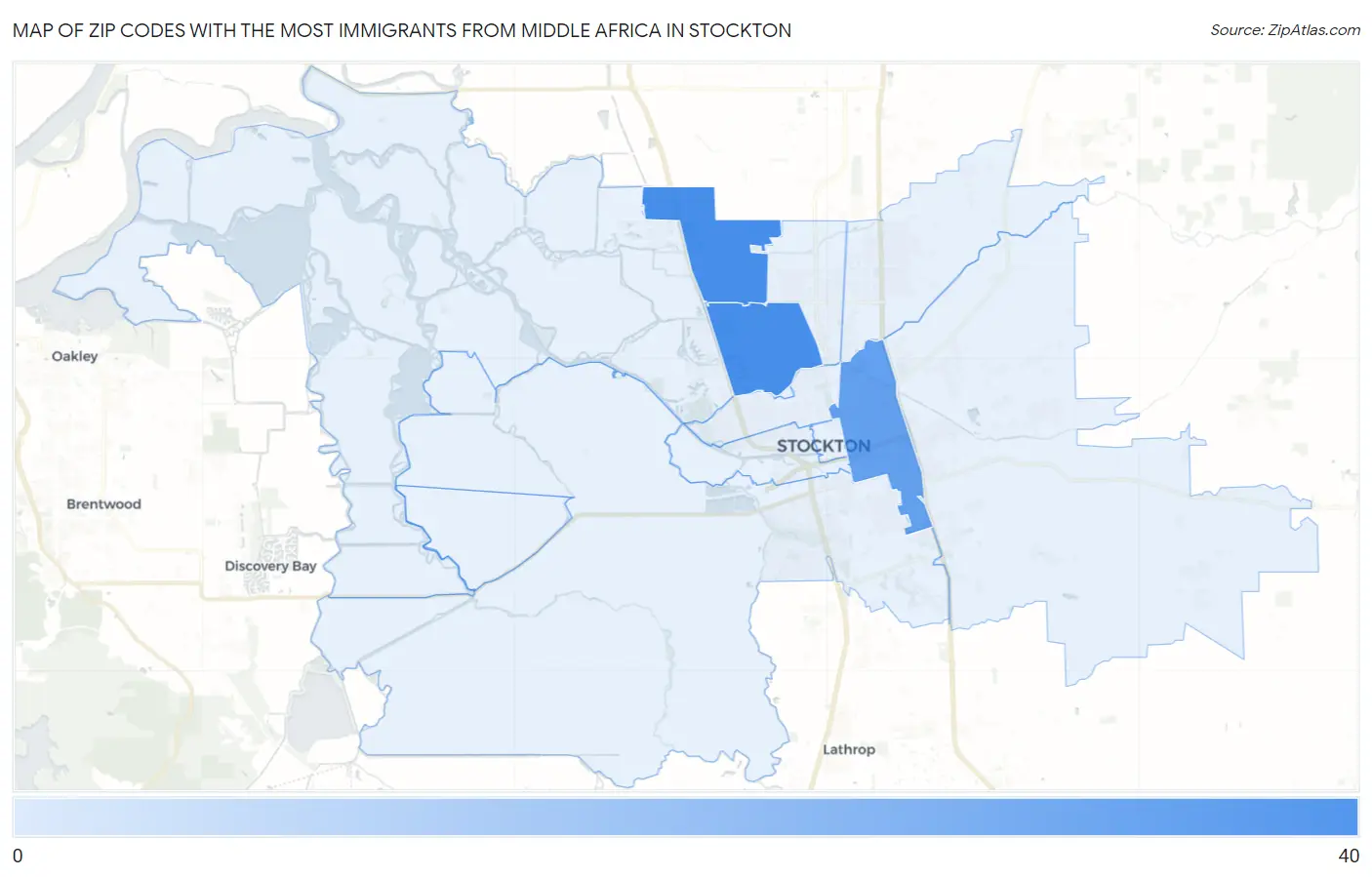 Zip Codes with the Most Immigrants from Middle Africa in Stockton Map