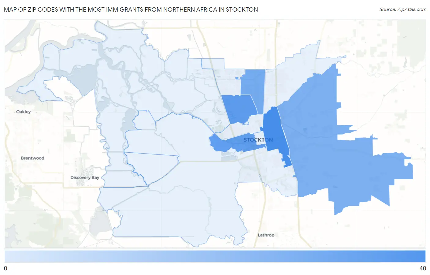 Zip Codes with the Most Immigrants from Northern Africa in Stockton Map