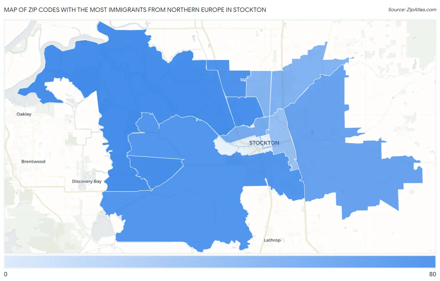 Zip Codes with the Most Immigrants from Northern Europe in Stockton Map