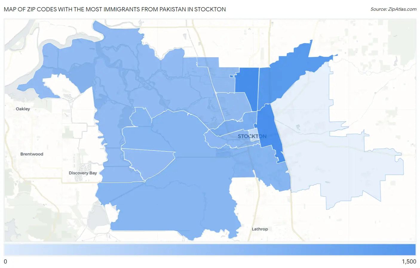Zip Codes with the Most Immigrants from Pakistan in Stockton Map