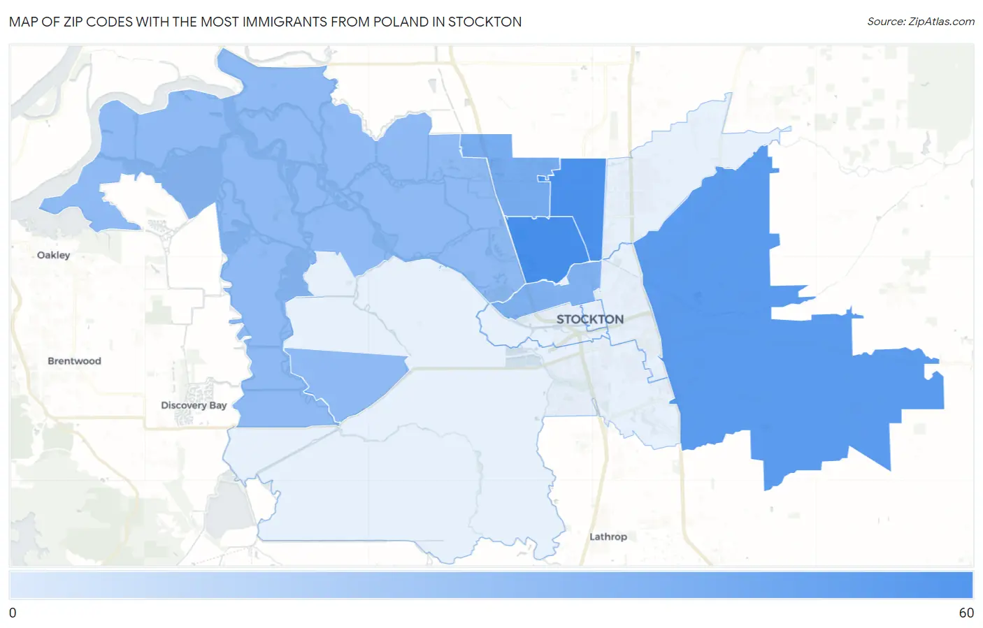 Zip Codes with the Most Immigrants from Poland in Stockton Map