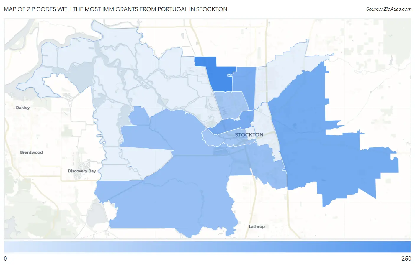 Zip Codes with the Most Immigrants from Portugal in Stockton Map