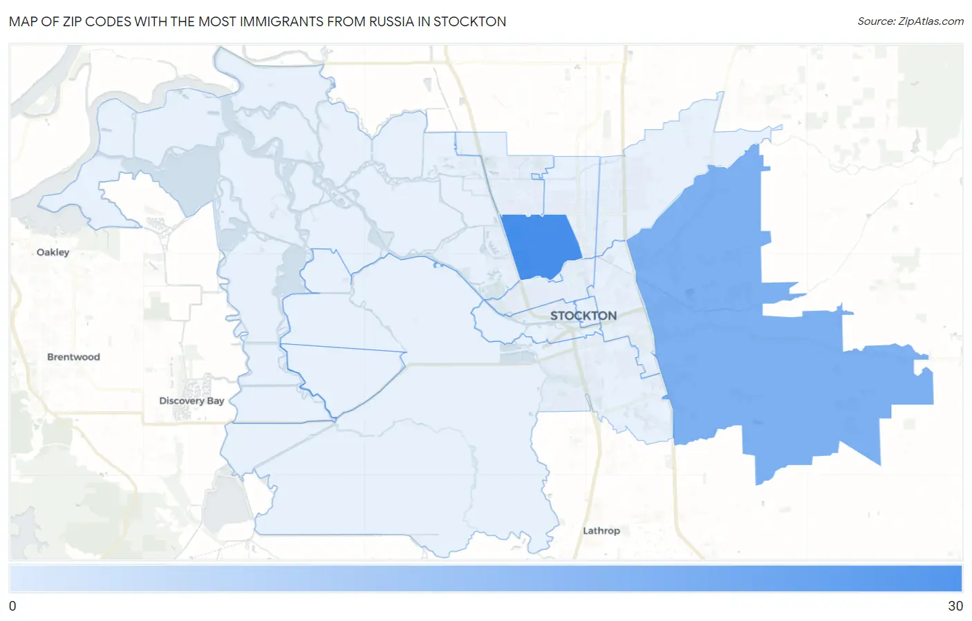 Zip Codes with the Most Immigrants from Russia in Stockton Map
