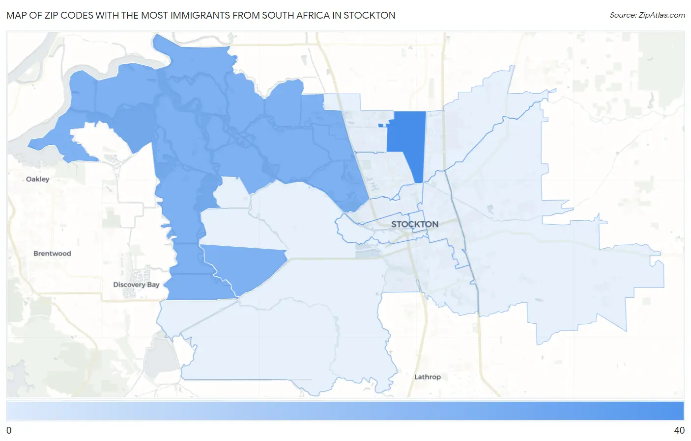 Zip Codes with the Most Immigrants from South Africa in Stockton Map