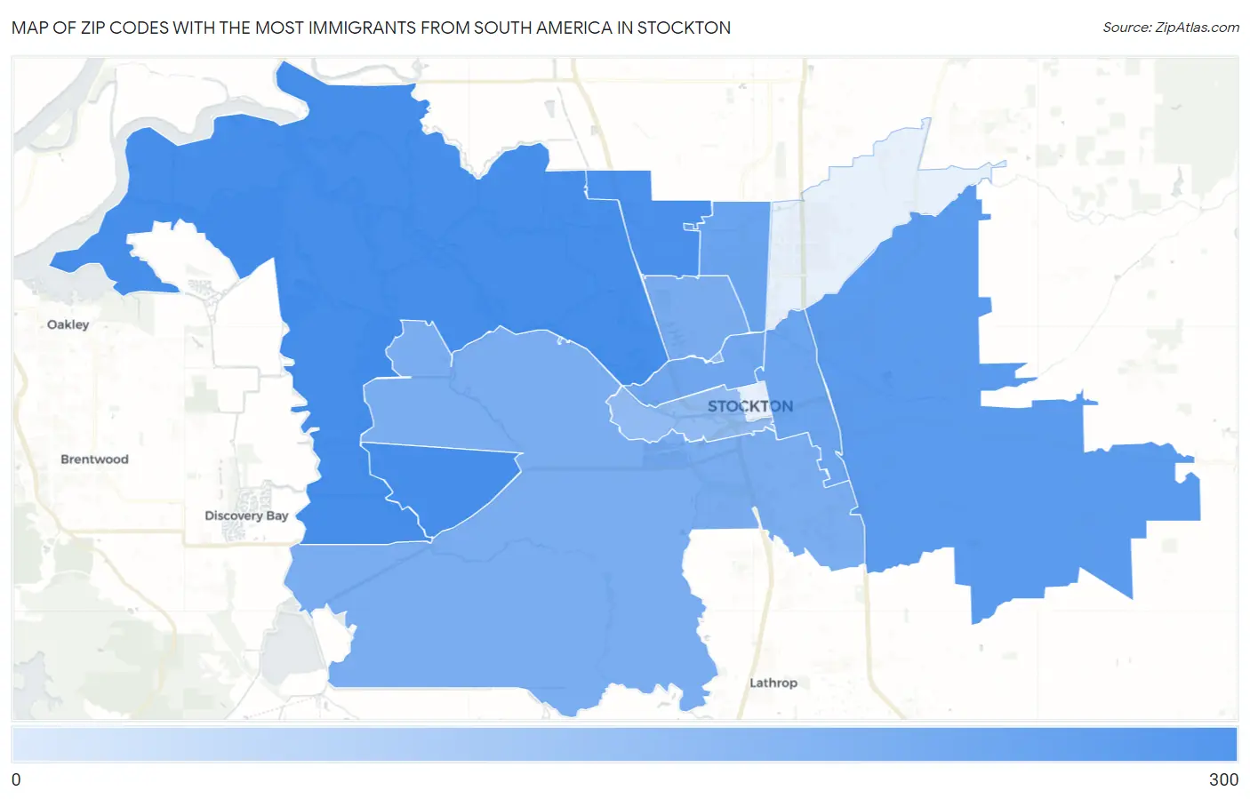 Zip Codes with the Most Immigrants from South America in Stockton Map