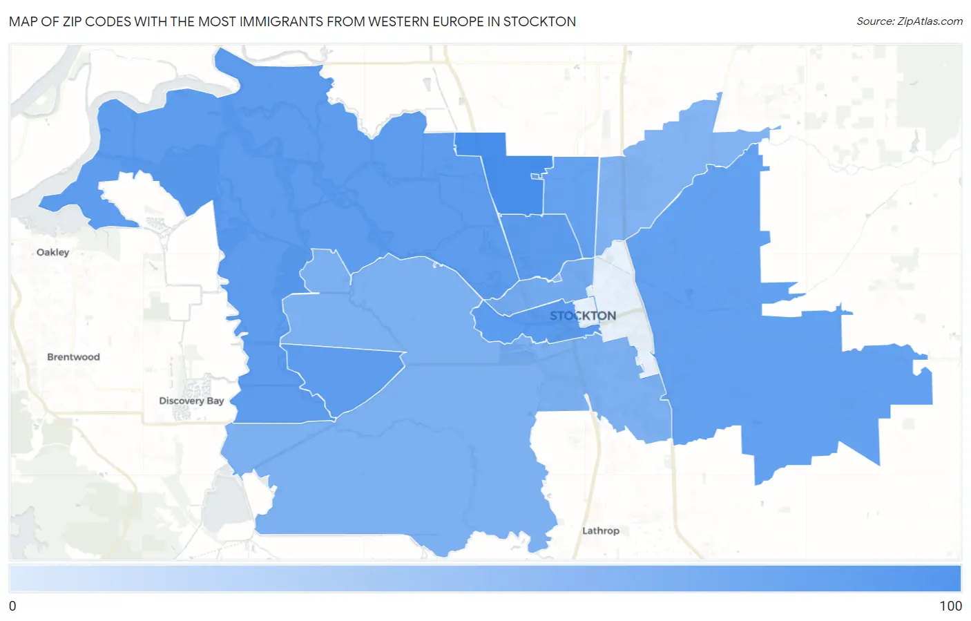 Zip Codes with the Most Immigrants from Western Europe in Stockton Map