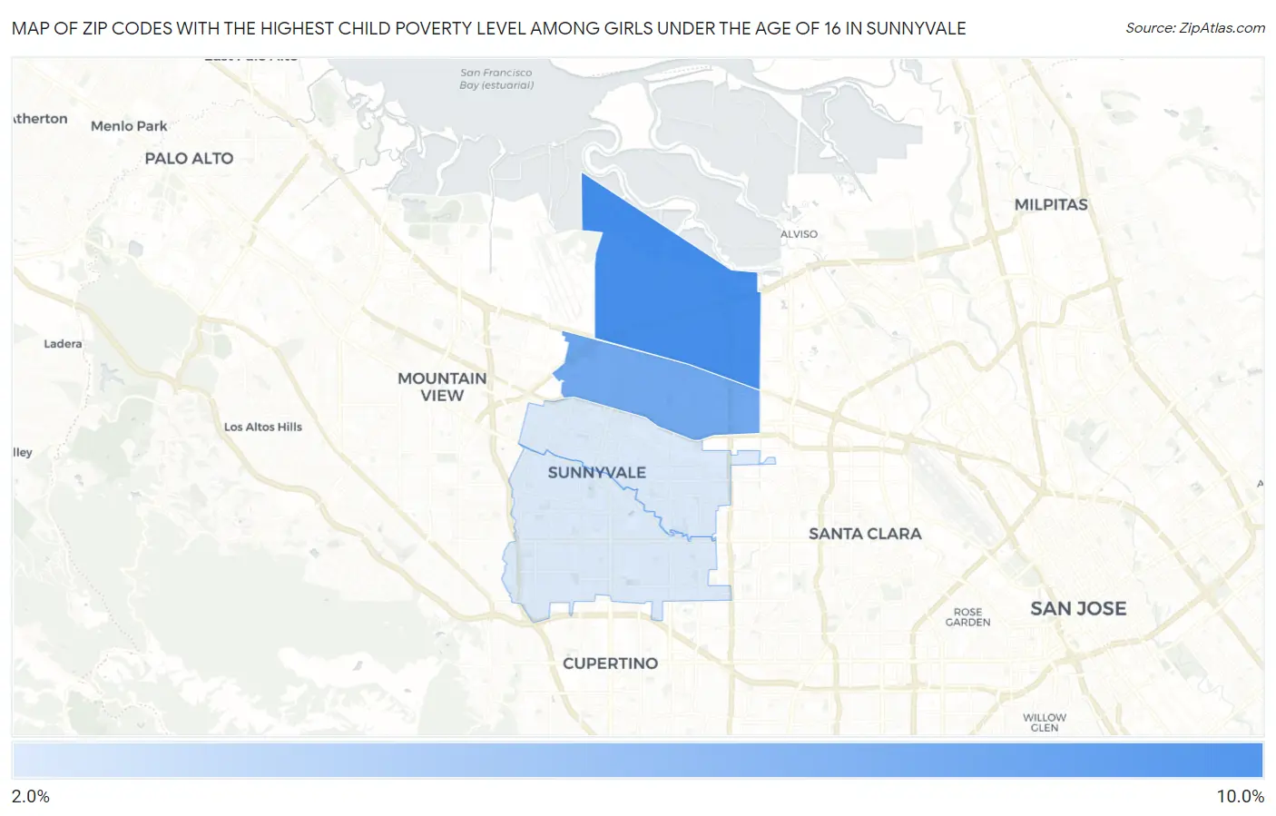 Zip Codes with the Highest Child Poverty Level Among Girls Under the Age of 16 in Sunnyvale Map