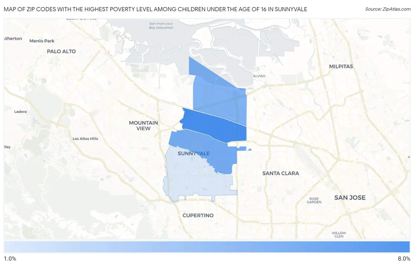 Zip Codes with the Highest Poverty Level Among Children Under the Age of 16 in Sunnyvale Map