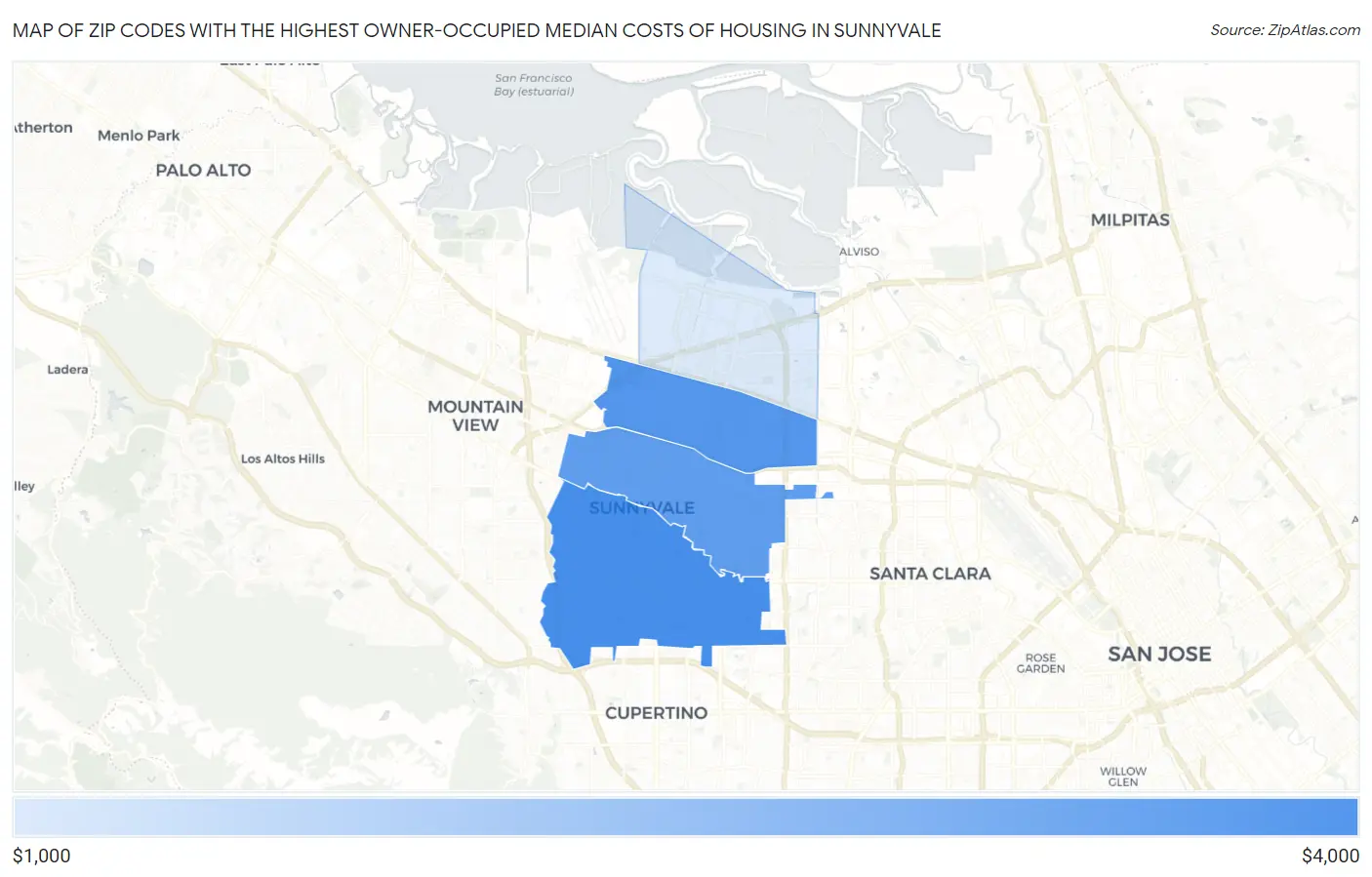 Zip Codes with the Highest Owner-Occupied Median Costs of Housing in Sunnyvale Map