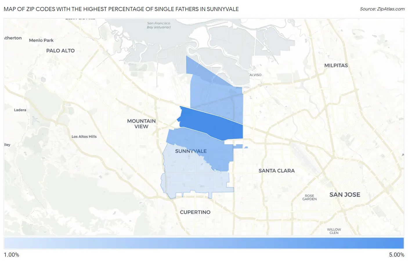 Zip Codes with the Highest Percentage of Single Fathers in Sunnyvale Map