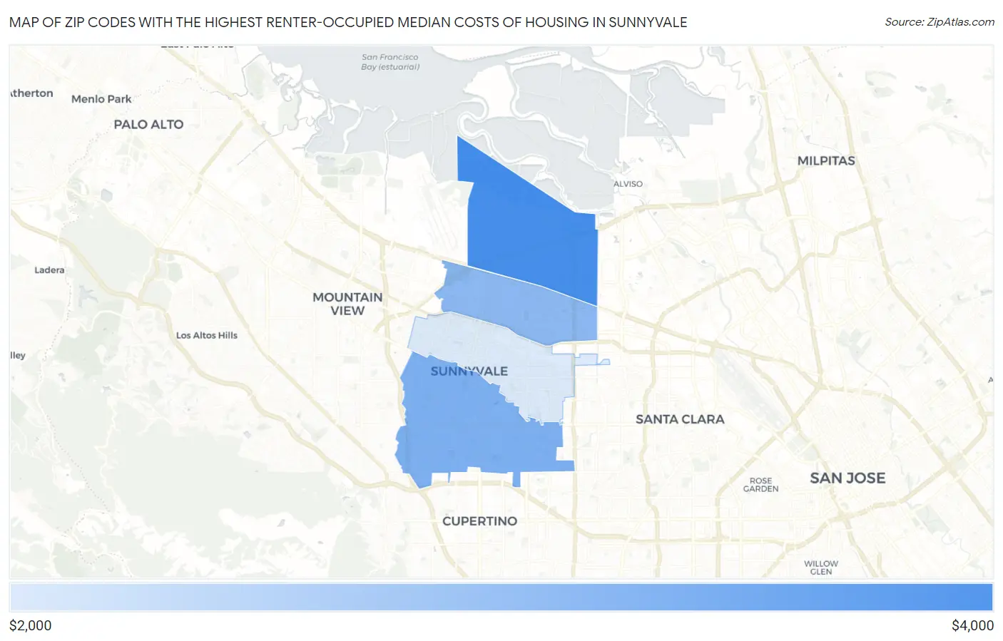 Zip Codes with the Highest Renter-Occupied Median Costs of Housing in Sunnyvale Map