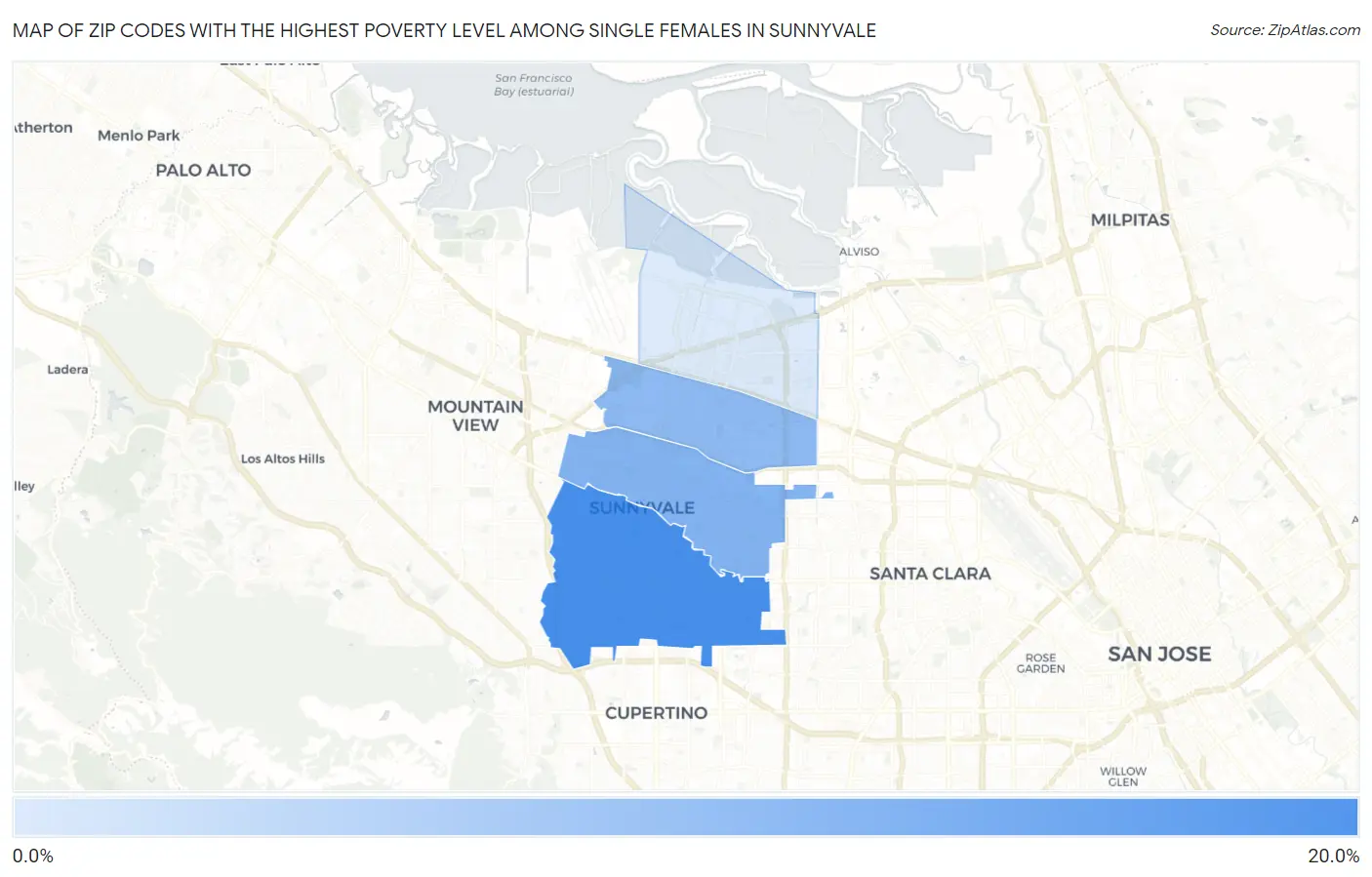Zip Codes with the Highest Poverty Level Among Single Females in Sunnyvale Map
