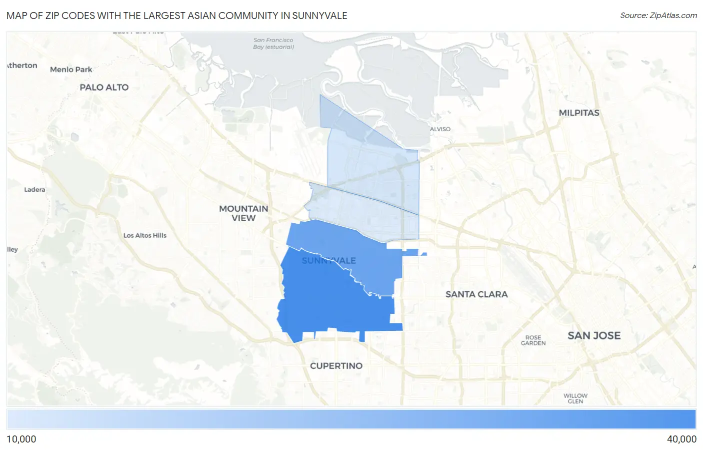 Zip Codes with the Largest Asian Community in Sunnyvale Map