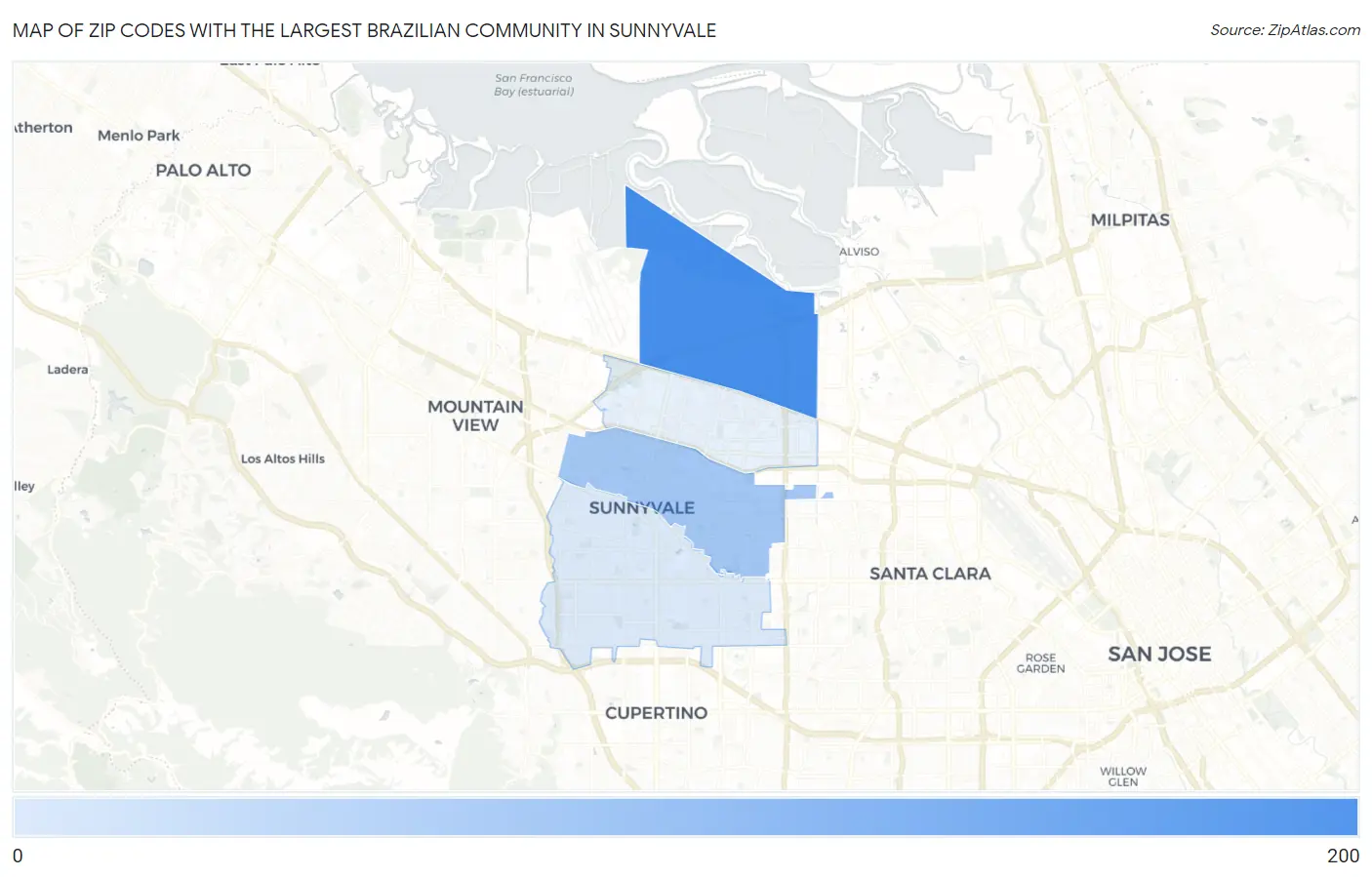 Zip Codes with the Largest Brazilian Community in Sunnyvale Map