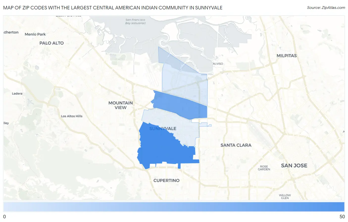 Zip Codes with the Largest Central American Indian Community in Sunnyvale Map