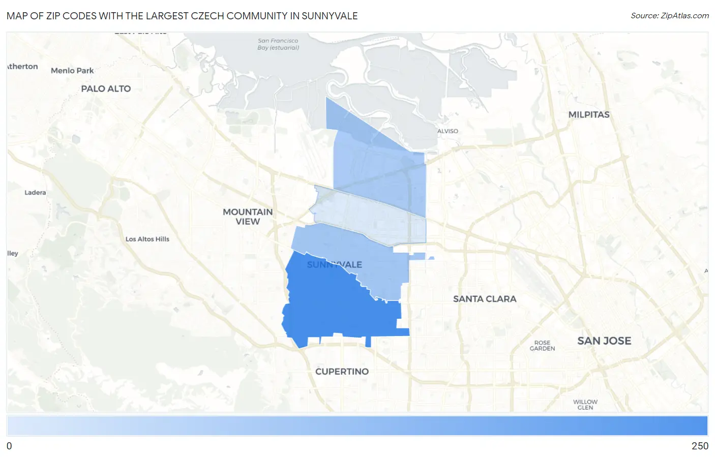 Zip Codes with the Largest Czech Community in Sunnyvale Map