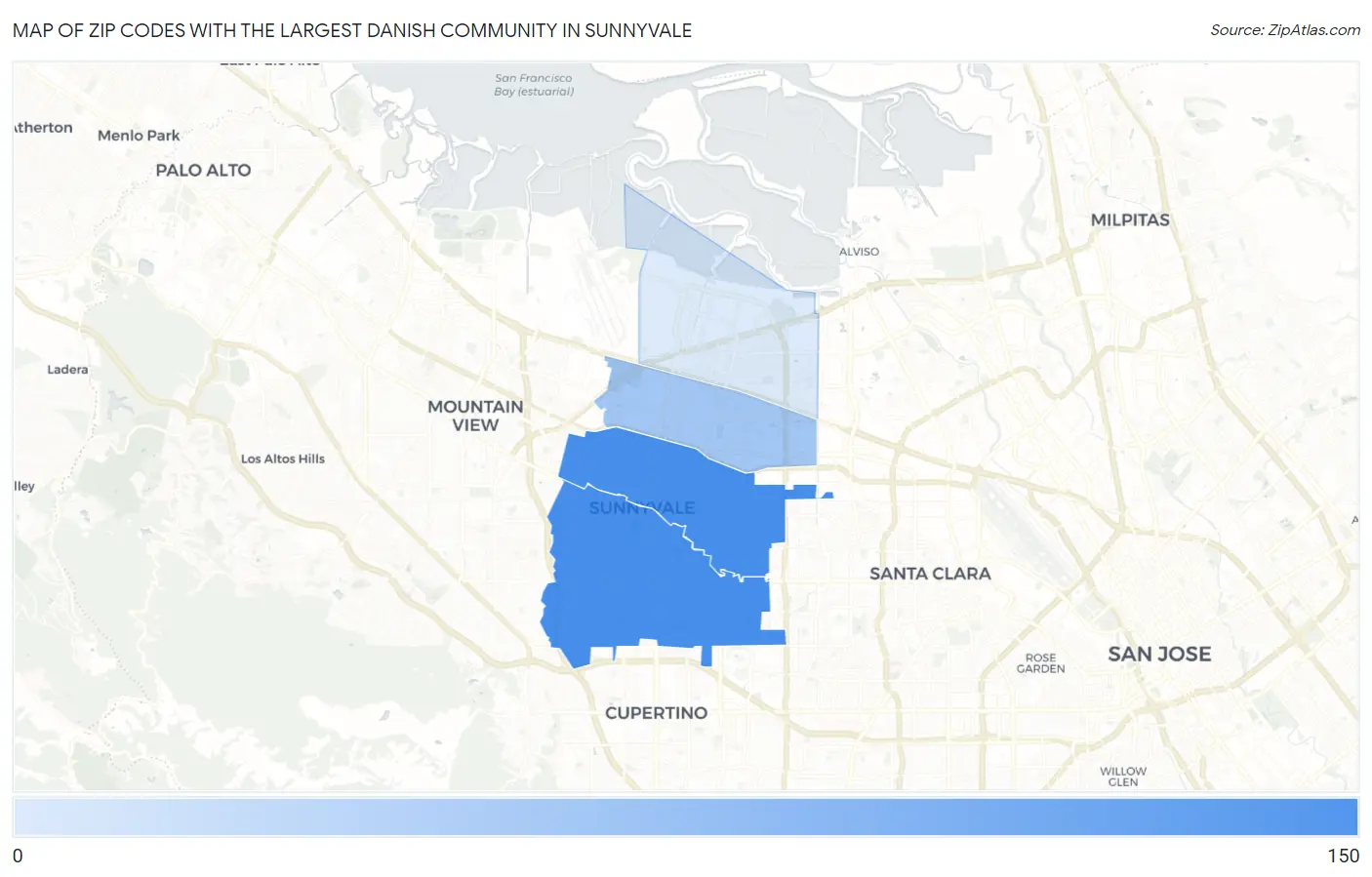 Zip Codes with the Largest Danish Community in Sunnyvale Map
