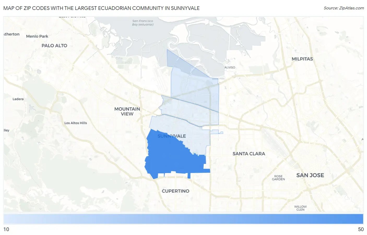 Zip Codes with the Largest Ecuadorian Community in Sunnyvale Map