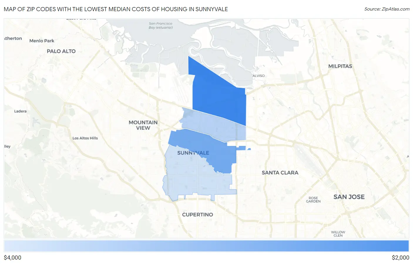 Zip Codes with the Lowest Median Costs of Housing in Sunnyvale Map