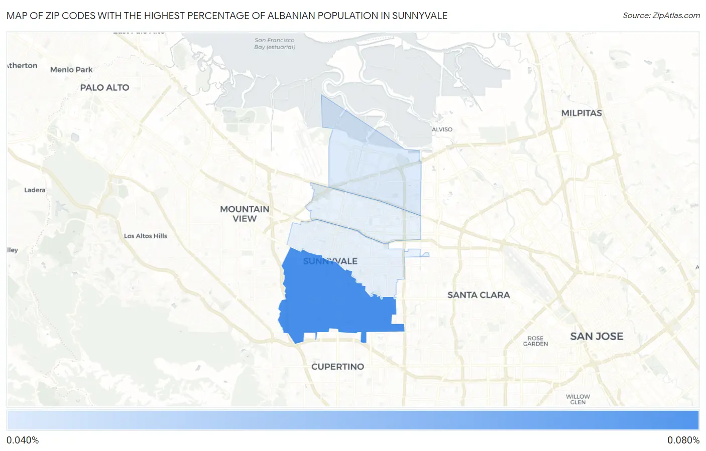 Zip Codes with the Highest Percentage of Albanian Population in Sunnyvale Map