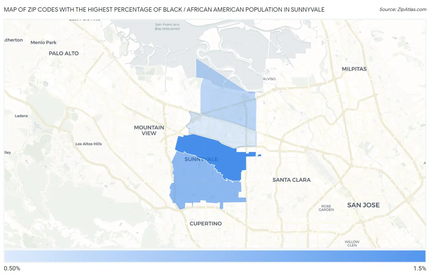 Zip Codes with the Highest Percentage of Black / African American Population in Sunnyvale Map