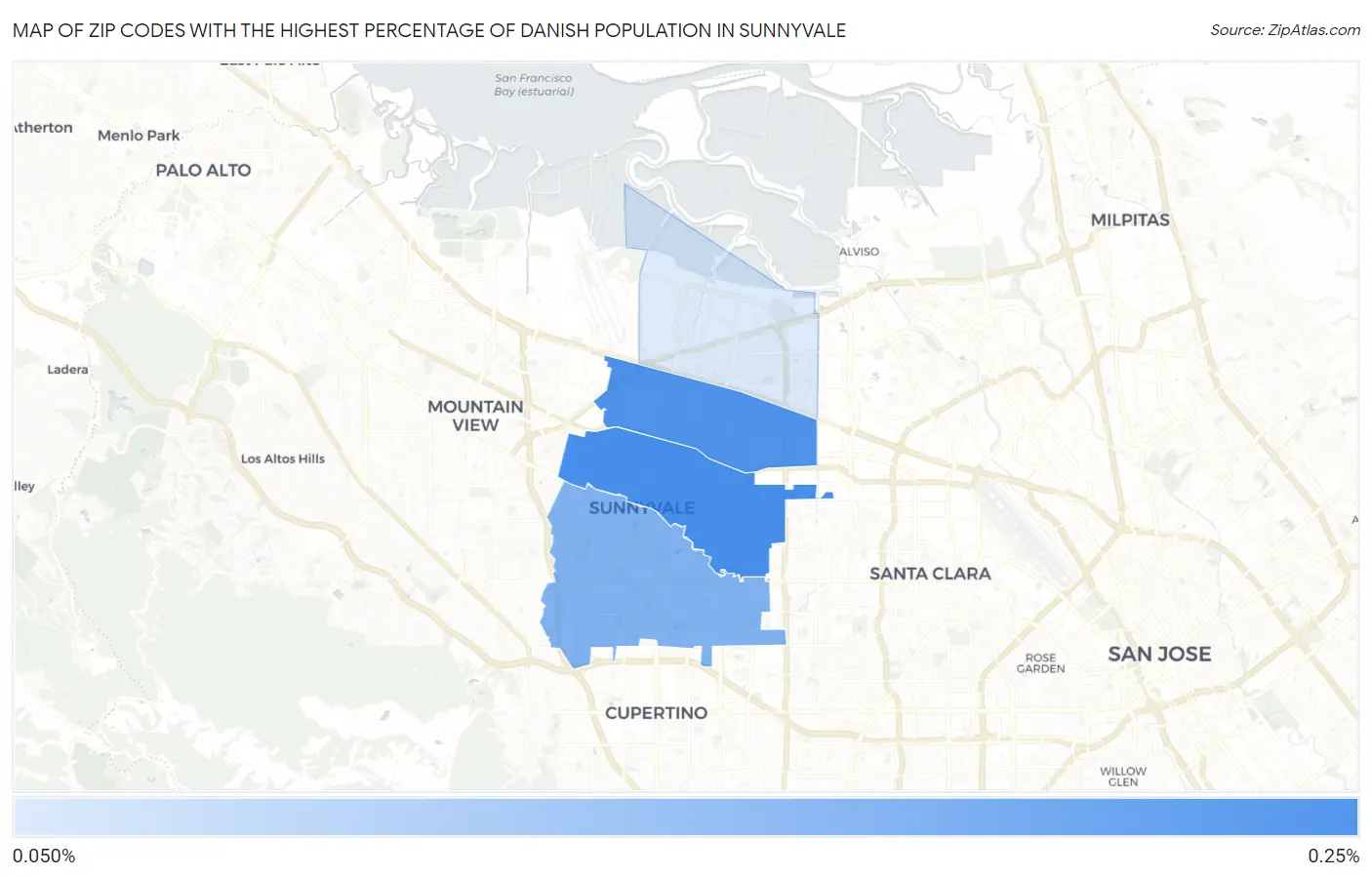Zip Codes with the Highest Percentage of Danish Population in Sunnyvale Map