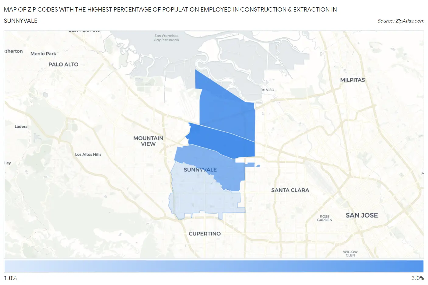 Zip Codes with the Highest Percentage of Population Employed in Construction & Extraction in Sunnyvale Map