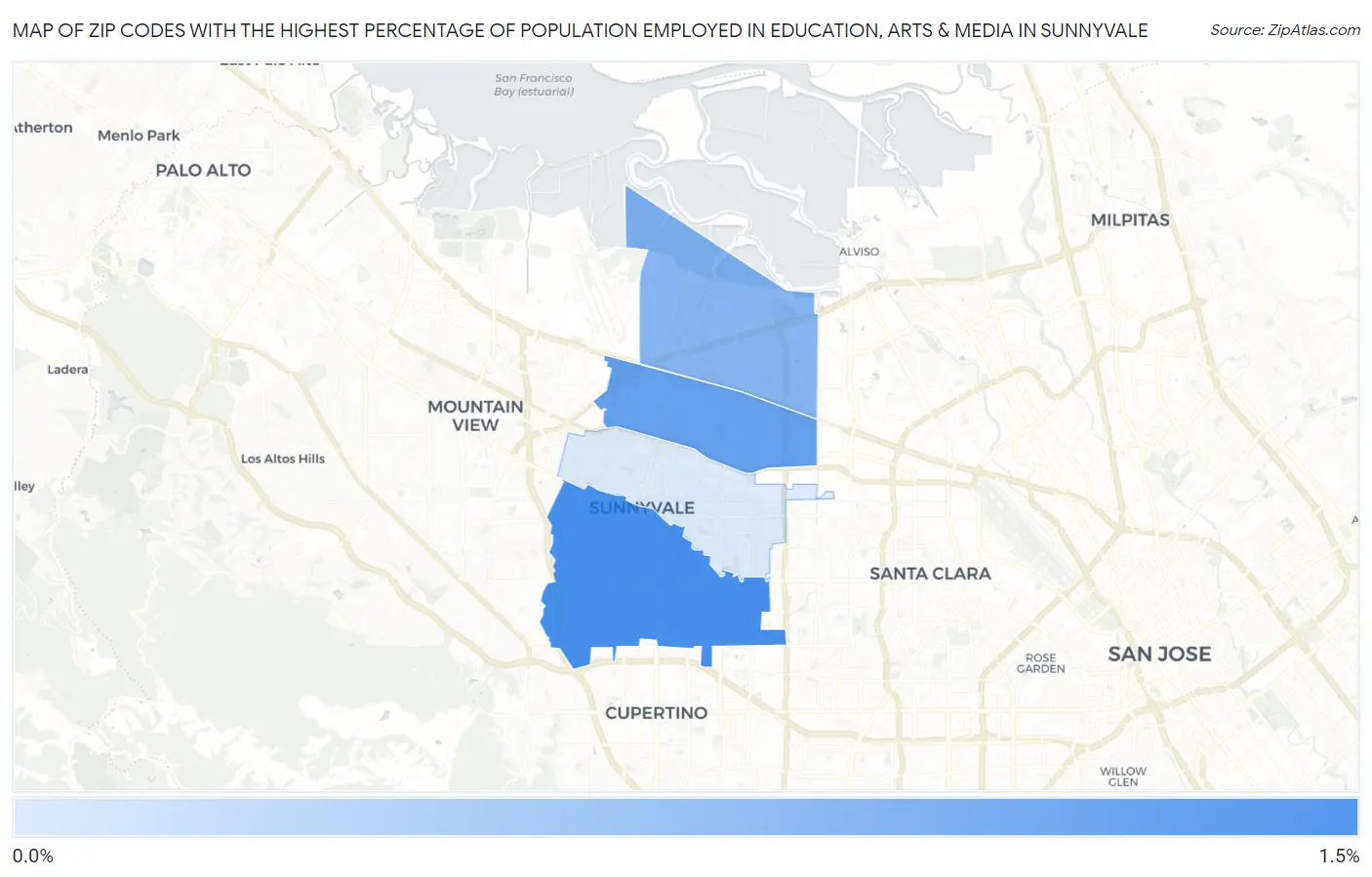 Zip Codes with the Highest Percentage of Population Employed in Education, Arts & Media in Sunnyvale Map