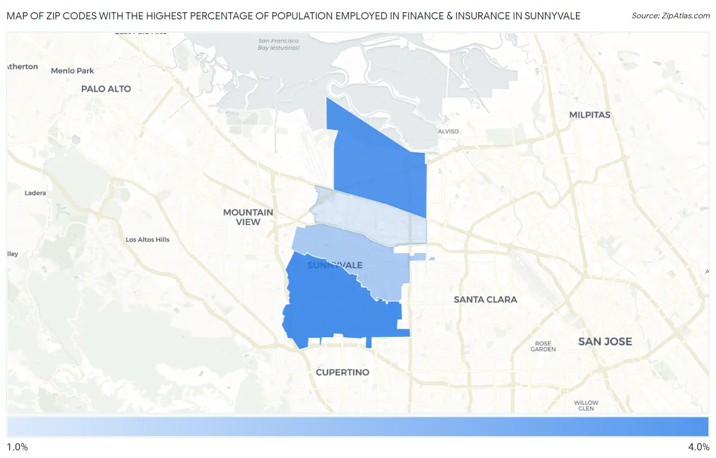 Zip Codes with the Highest Percentage of Population Employed in Finance & Insurance in Sunnyvale Map