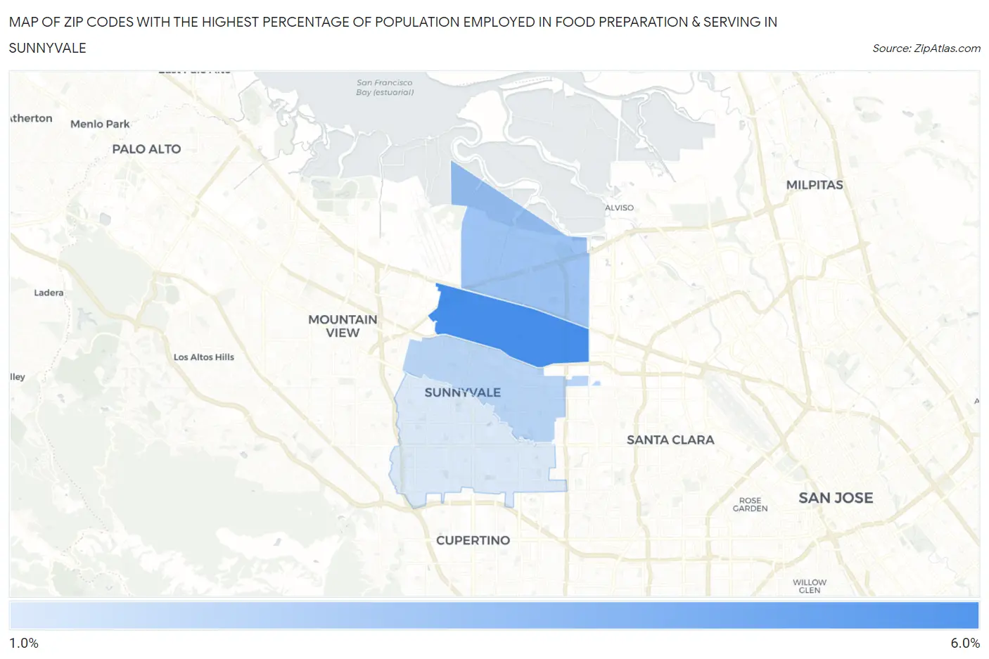 Zip Codes with the Highest Percentage of Population Employed in Food Preparation & Serving in Sunnyvale Map