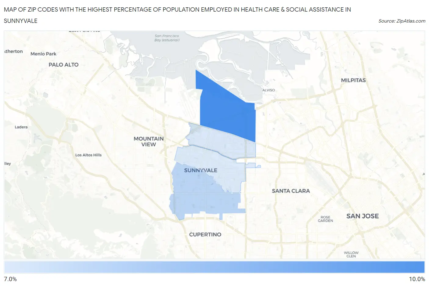 Zip Codes with the Highest Percentage of Population Employed in Health Care & Social Assistance in Sunnyvale Map