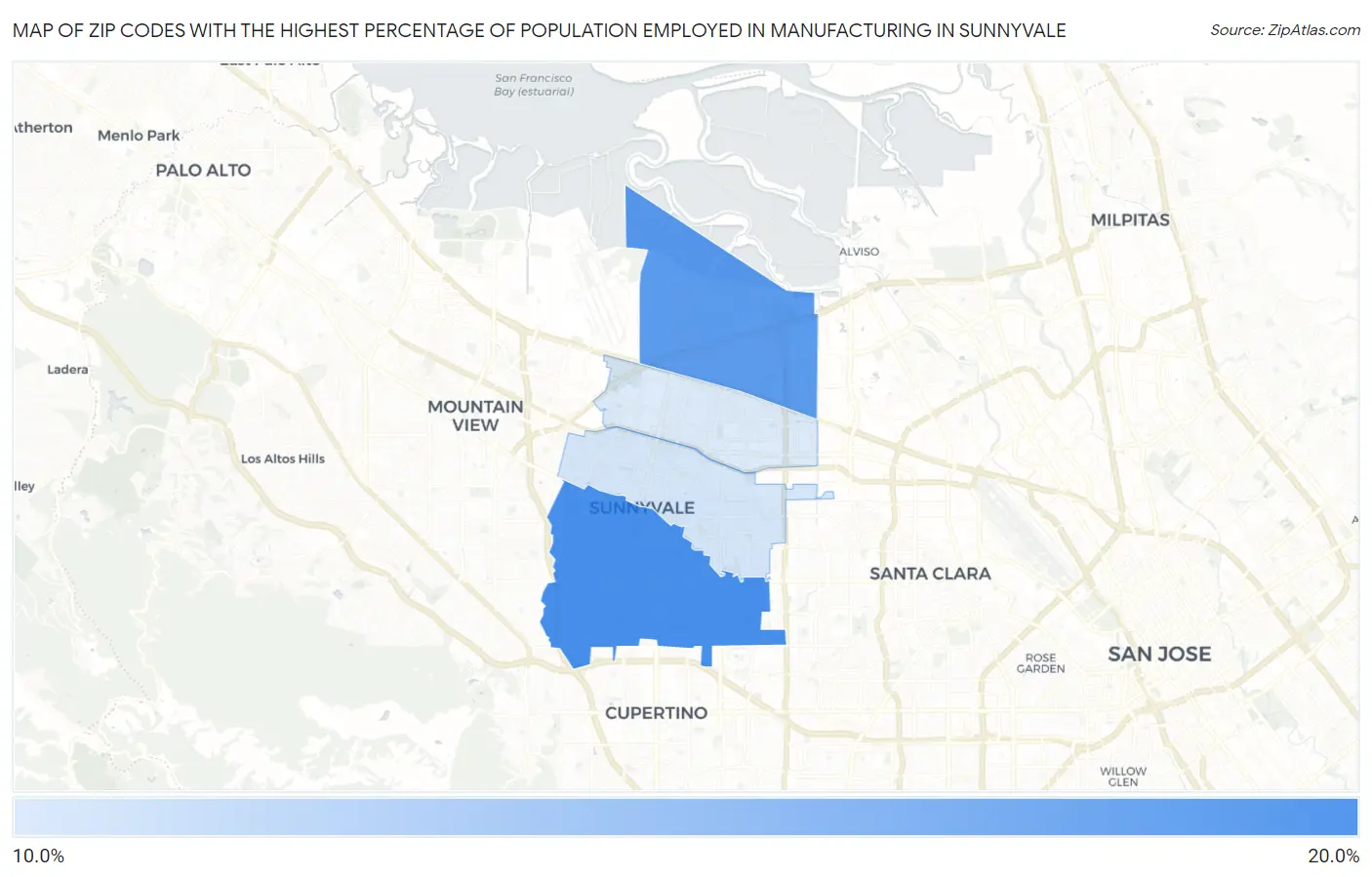 Zip Codes with the Highest Percentage of Population Employed in Manufacturing in Sunnyvale Map