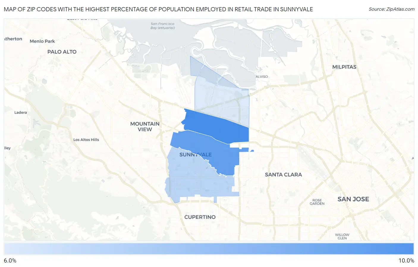Zip Codes with the Highest Percentage of Population Employed in Retail Trade in Sunnyvale Map