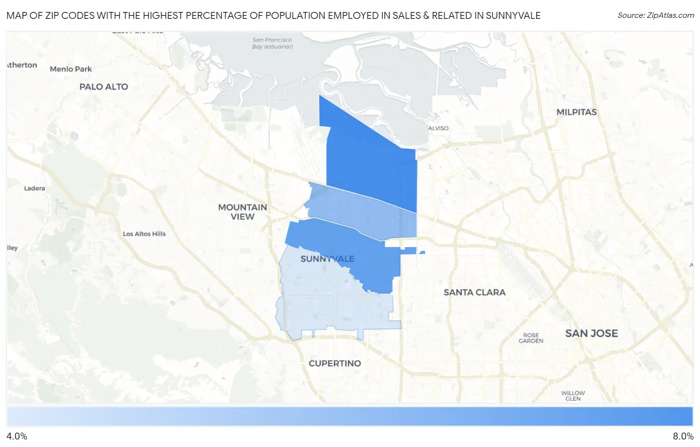 Zip Codes with the Highest Percentage of Population Employed in Sales & Related in Sunnyvale Map