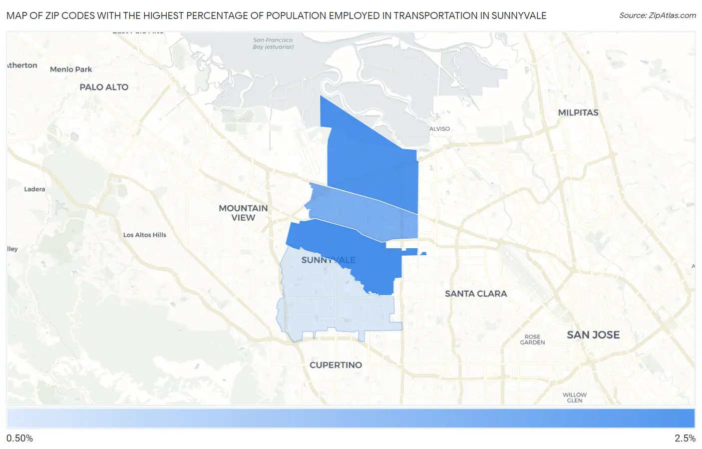Zip Codes with the Highest Percentage of Population Employed in Transportation in Sunnyvale Map