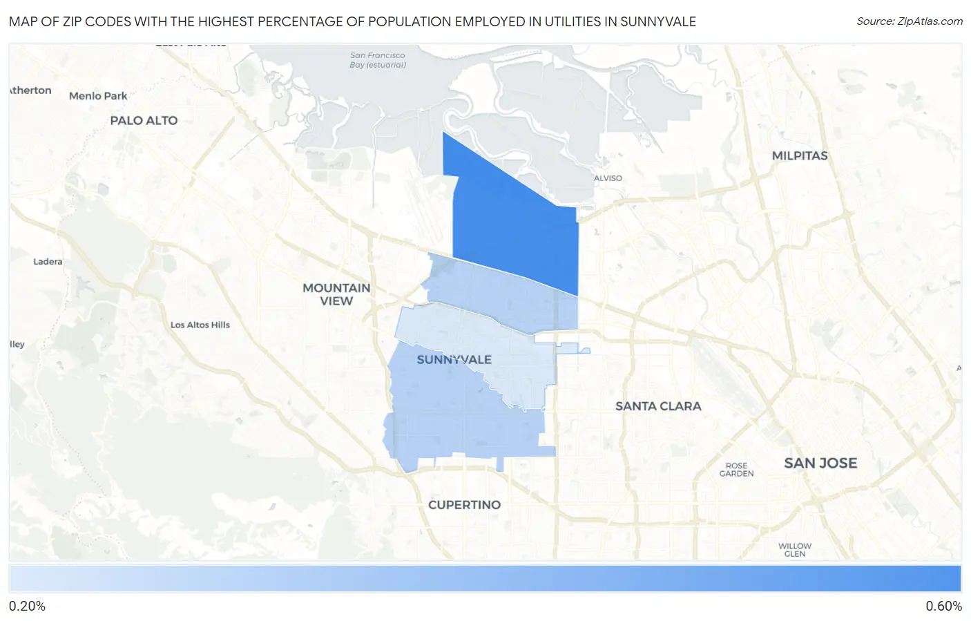 Zip Codes with the Highest Percentage of Population Employed in Utilities in Sunnyvale Map
