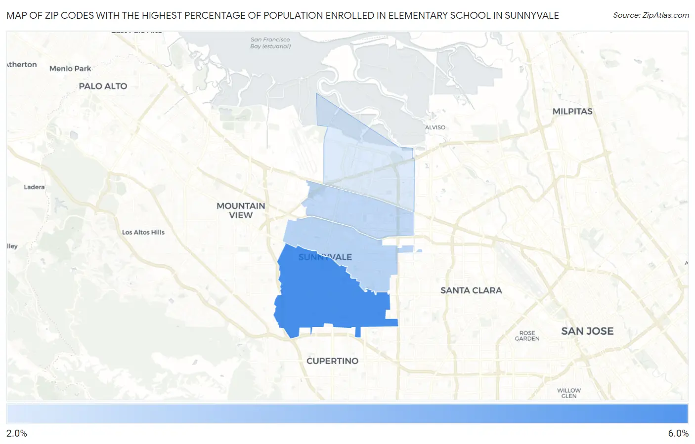 Zip Codes with the Highest Percentage of Population Enrolled in Elementary School in Sunnyvale Map
