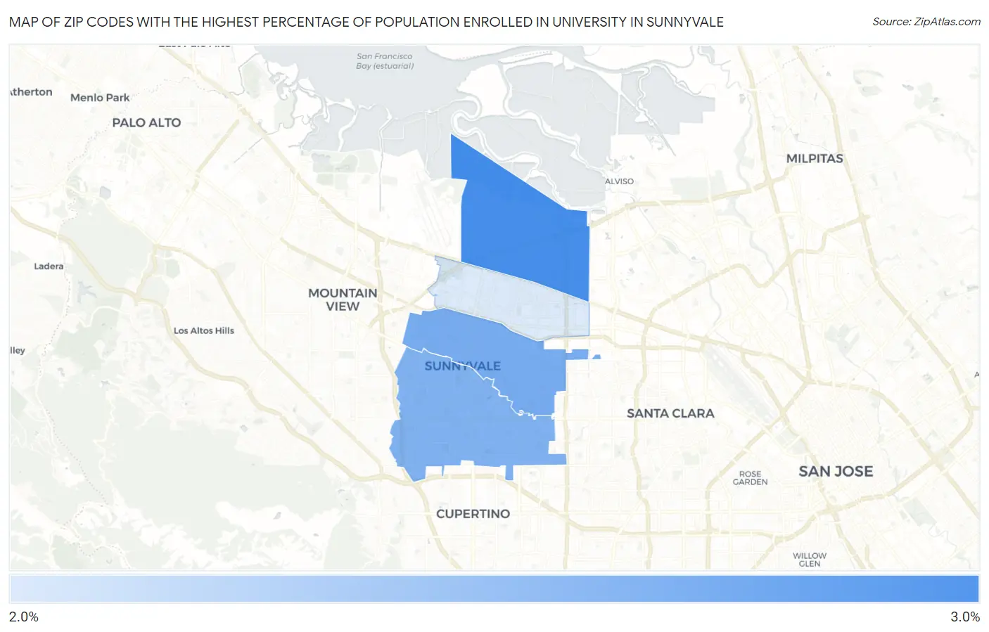 Zip Codes with the Highest Percentage of Population Enrolled in University in Sunnyvale Map