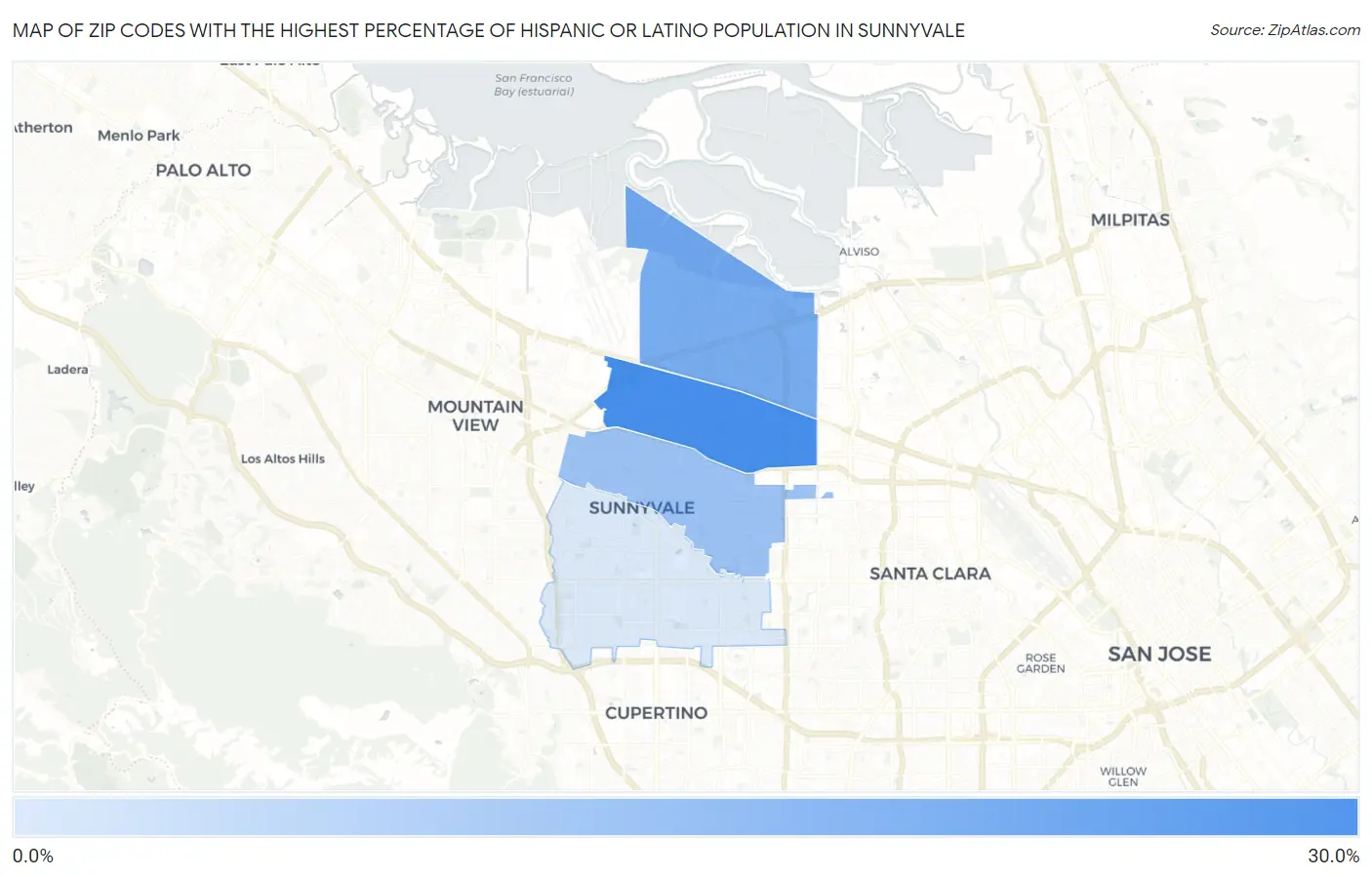 Zip Codes with the Highest Percentage of Hispanic or Latino Population in Sunnyvale Map