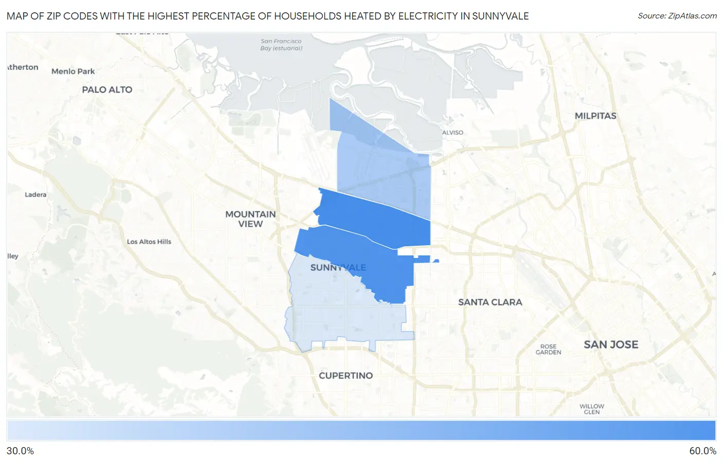 Zip Codes with the Highest Percentage of Households Heated by Electricity in Sunnyvale Map
