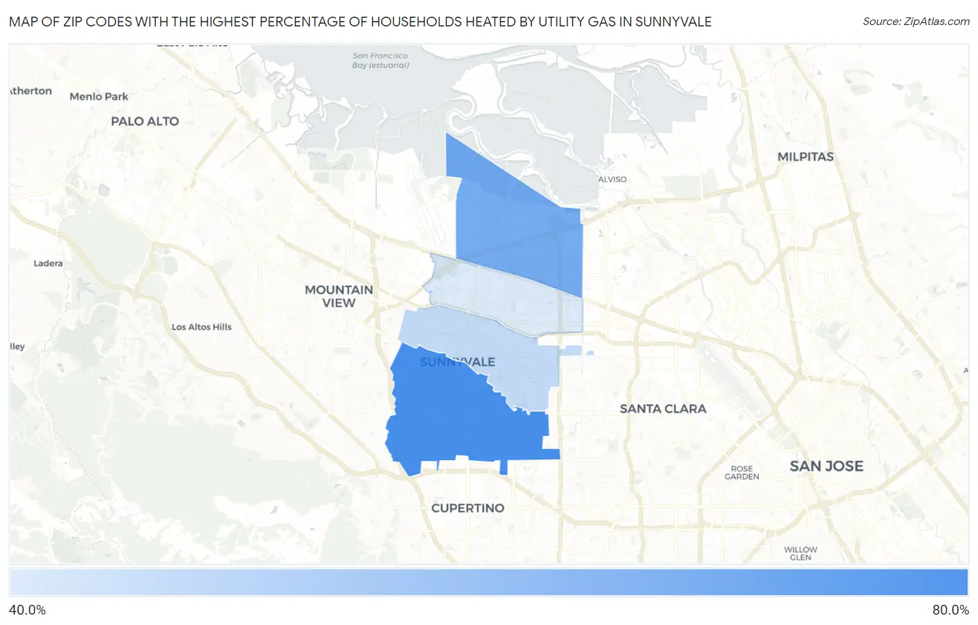 Zip Codes with the Highest Percentage of Households Heated by Utility Gas in Sunnyvale Map