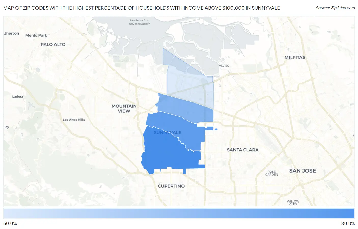 Zip Codes with the Highest Percentage of Households with Income Above $100,000 in Sunnyvale Map